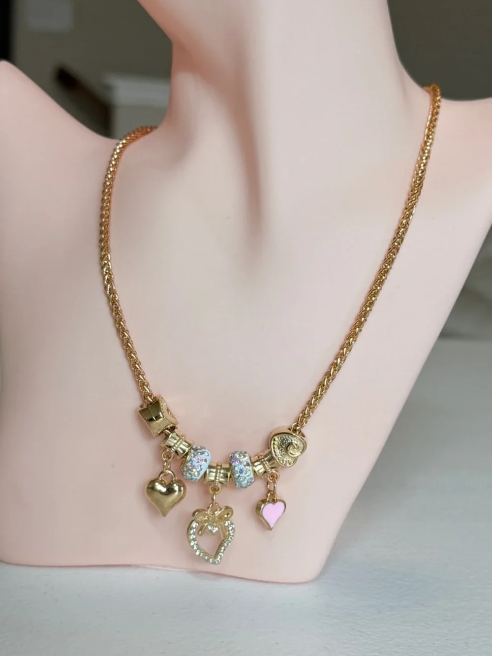Gold Heart Charm Necklace with Pink Accent